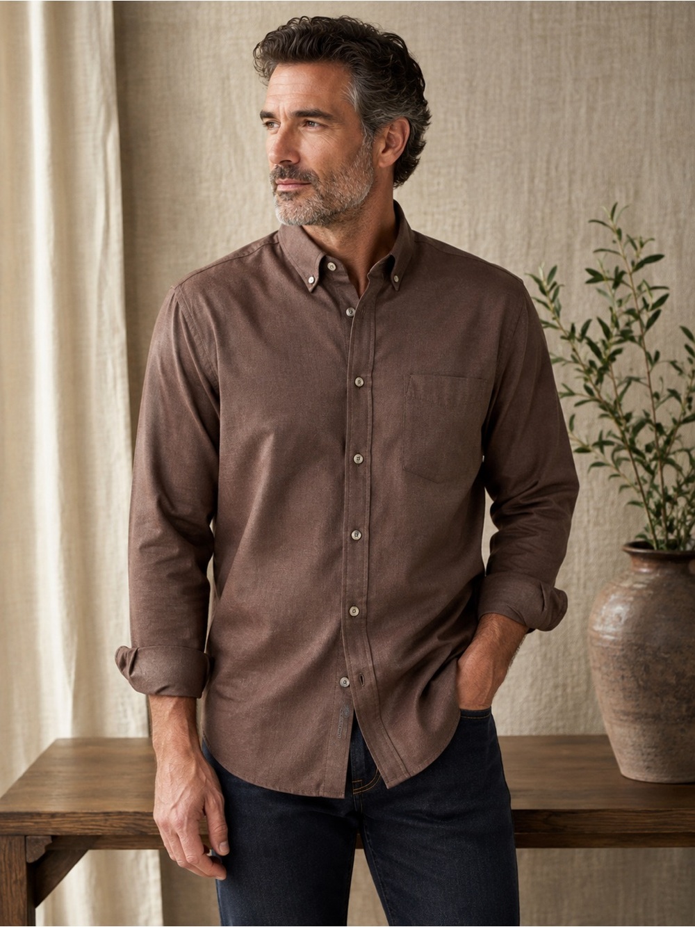 Daniel Cremieux 92% Cotton 8% Cashmere Button Down Shirt Brown L NWT